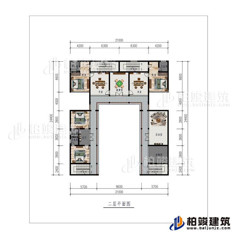 二层：棋牌室、2书房、活动室、杂物间、4卧室、4内卫、过廊