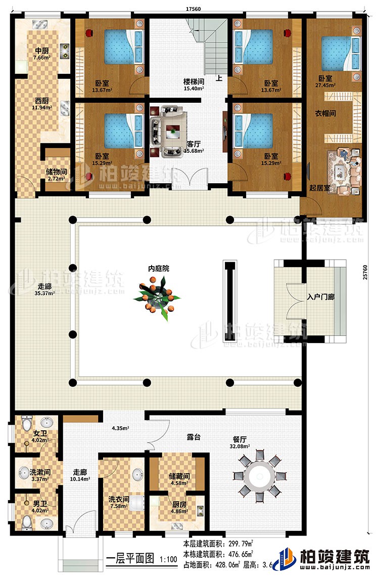 一层：入户门廊、内庭院、2走廊、餐厅、厨房、中厨、西厨、2储物间、5卧室、起居室、衣帽间、楼梯间、客厅、洗衣间、洗漱间、女卫、男卫